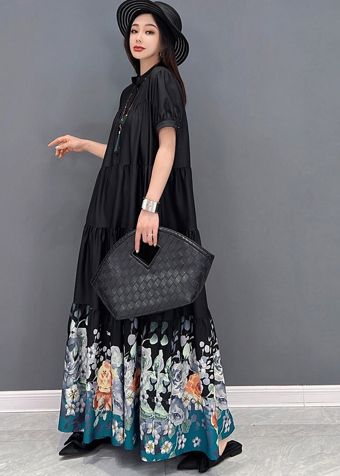 French Black Stand Collar Floral Print Wrinkled Patchwork Cotton Long Dress Short Sleeve