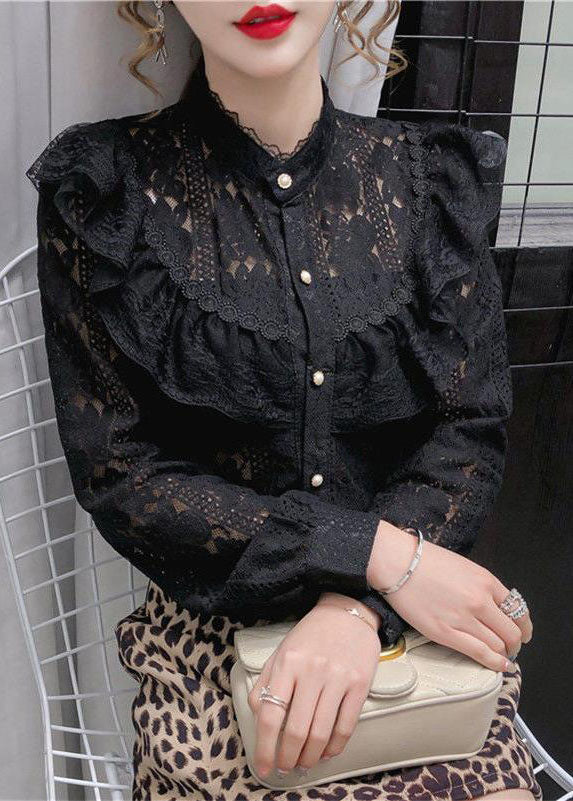 French Black Stand Collar Ruffled Lace Blouse Tops Long sleeve