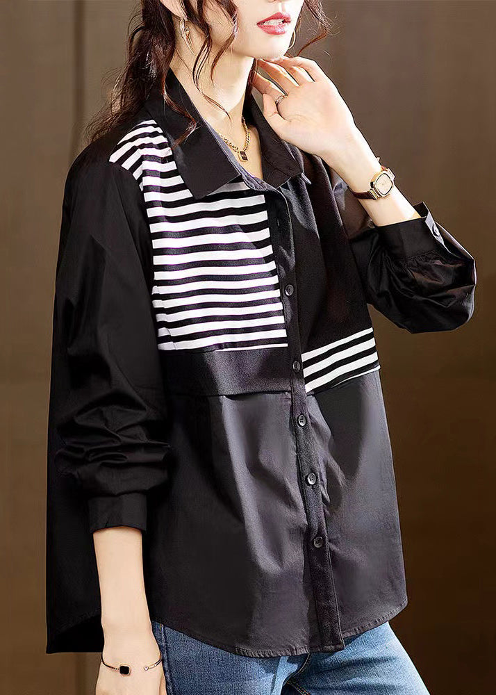 French Black Striped Button Patchwork Cotton Shirts Fall