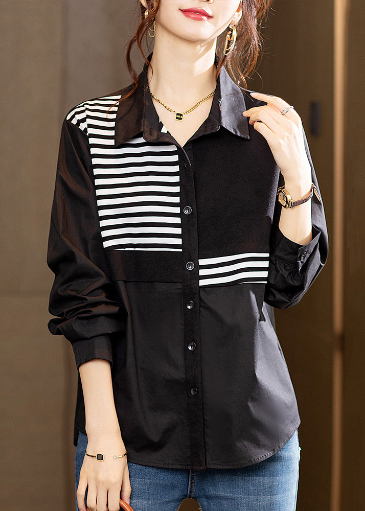 French Black Striped Button Patchwork Cotton Shirts Fall