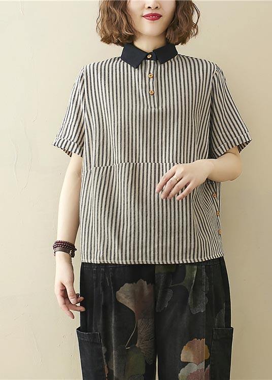 French Black Striped Turn-down Collar Linen Summer Top - bagstylebliss