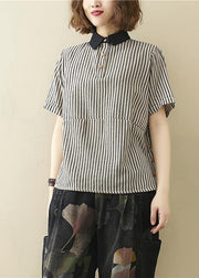 French Black Striped Turn-down Collar Linen Summer Top - bagstylebliss