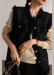 French Black Tasseled Button Patchwork Cotton Waistcoat Sleeveless