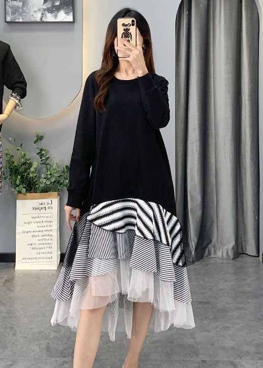 French Black Tulle Striped Patchwork Cotton Dresses Spring