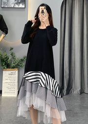 French Black Tulle Striped Patchwork Cotton Dresses Spring