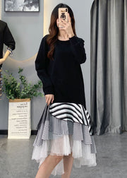 French Black Tulle Striped Patchwork Cotton Dresses Spring