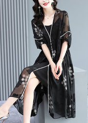 Französisches, schwarzes, faltiges Jacquard-Seidenkleid mit V-Ausschnitt, zweiteiliges Set, Sommer