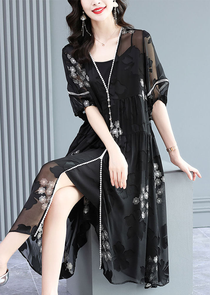 French Black V Neck Wrinkled Jacquard Silk Dress Two Pieces Set Summer