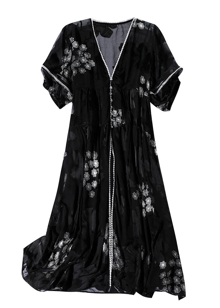 French Black V Neck Wrinkled Jacquard Silk Dress Two Pieces Set Summer