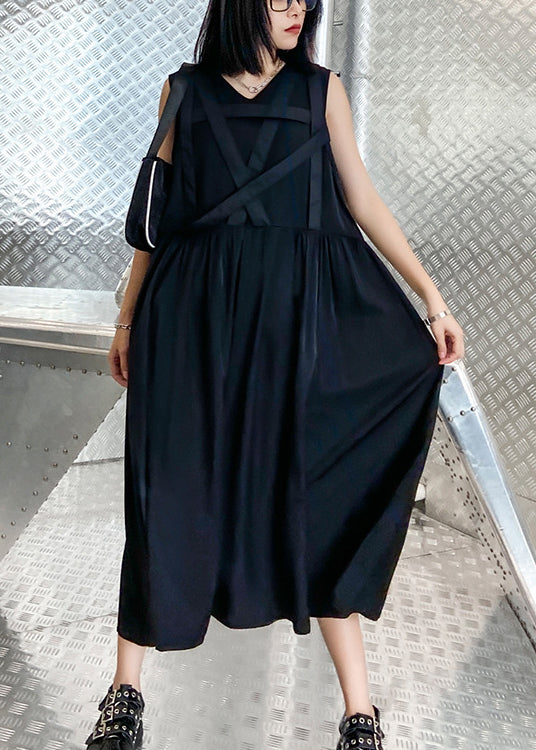 French Black V Neck Wrinkled Streetwear Dress Sleeveless