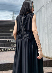 French Black V Neck Wrinkled Streetwear Dress Sleeveless