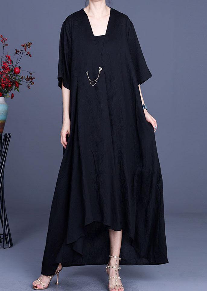 French Black V Neck asymmetrical design Dresses Summer - bagstylebliss