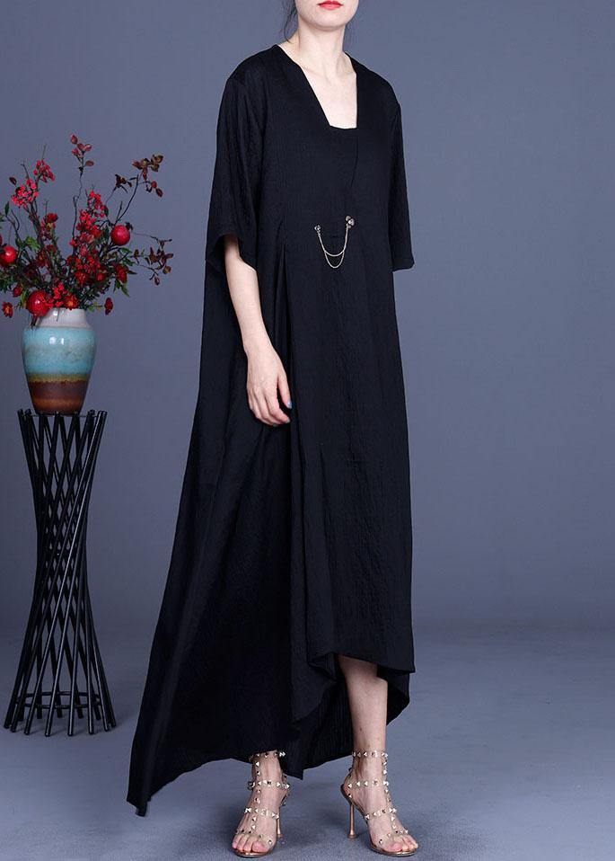 French Black V Neck asymmetrical design Dresses Summer - bagstylebliss