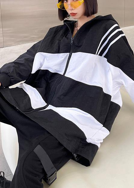 French Black White Cotton Cinched zippered Hoodies Outwear Spring - bagstylebliss