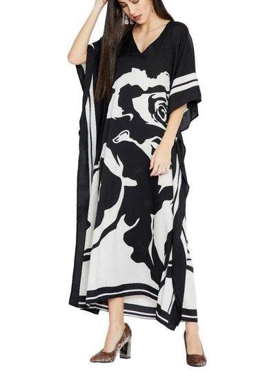 French Black White Floral Half Sleeve kimono robe Mid Chiffon Dress - bagstylebliss