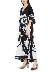 French Black White Floral Half Sleeve kimono robe Mid Chiffon Dress - bagstylebliss