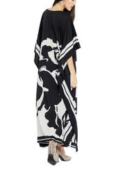 French Black White Floral Half Sleeve kimono robe Mid Chiffon Dress - bagstylebliss