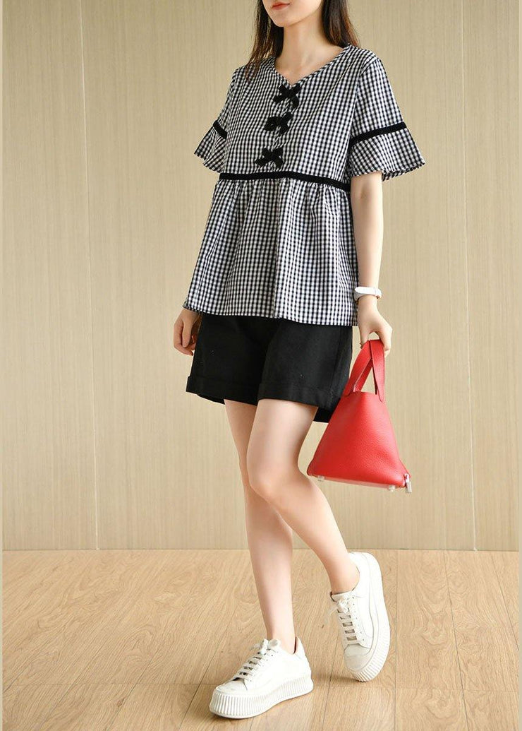 French Black White Plaid V Neck Casual Summer Cotton Top Short Sleeve - bagstylebliss