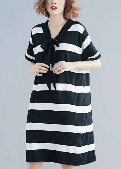 French Black White Wide Striped Cotton Bow Summer Dress - bagstylebliss
