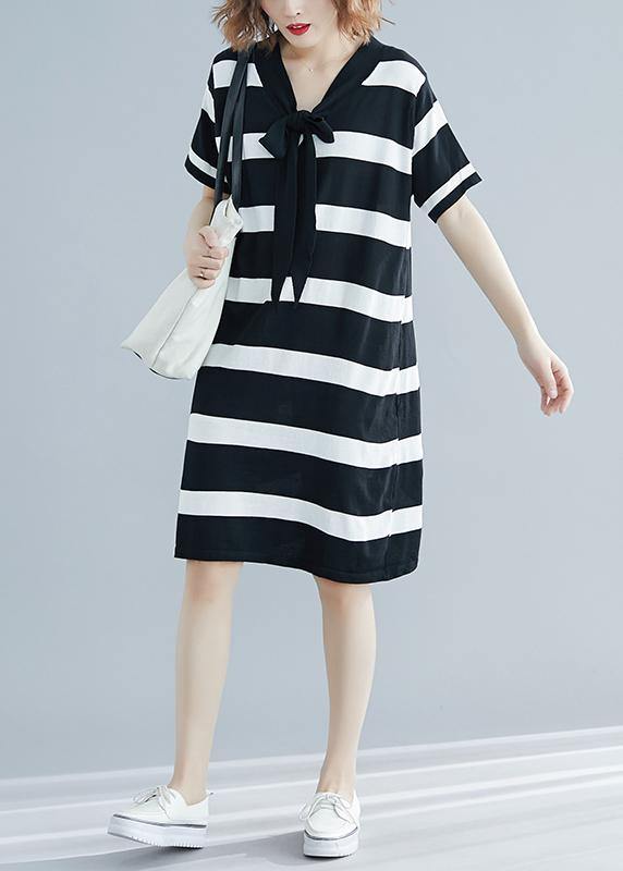 French Black White Wide Striped Cotton Bow Summer Dress - bagstylebliss