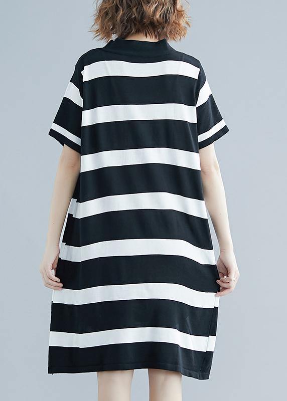 French Black White Wide Striped Cotton Bow Summer Dress - bagstylebliss