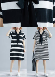French Black White Wide Striped Cotton Bow Summer Dress - bagstylebliss