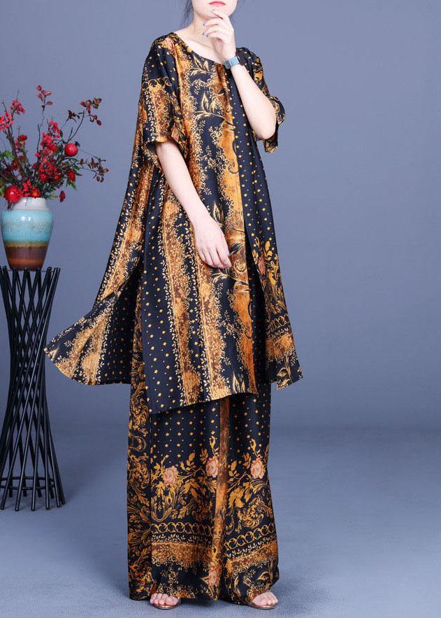 French Black Yellow Print Silk Wide Leg Two Pieces Set - bagstylebliss