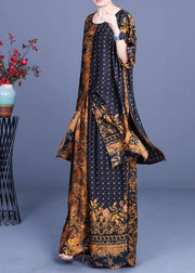 French Black Yellow Print Silk Wide Leg Two Pieces Set - bagstylebliss