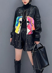 French Black Zip Up Print Patchwork Faux Leather Coats Long Sleeve