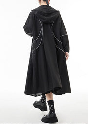 French Black zippered drawstring Hooded Trench coats Spring