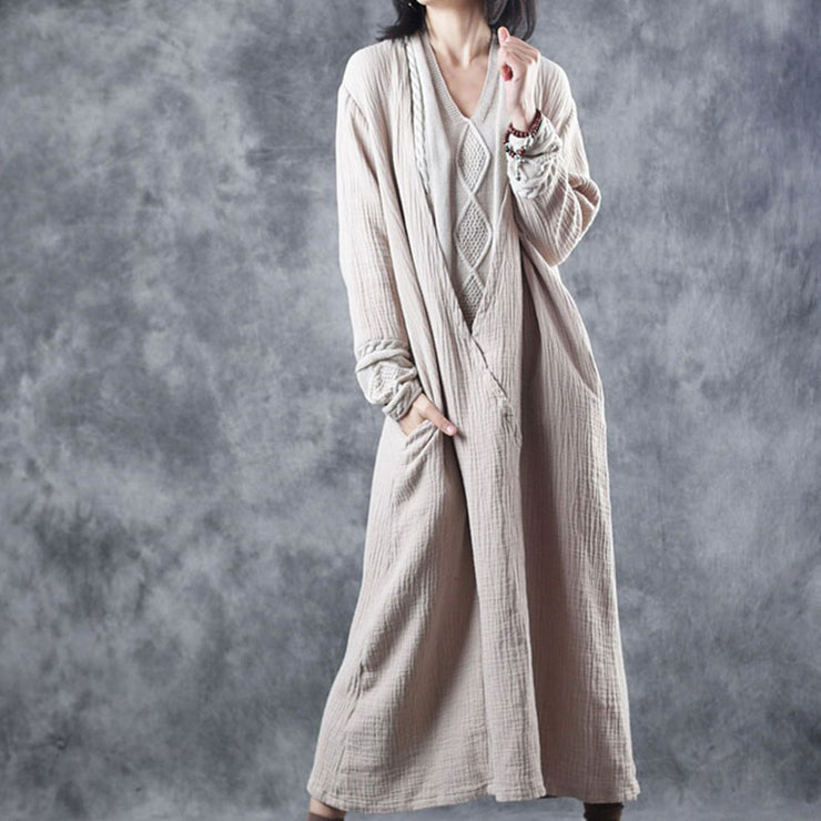 French BlackApricot V Neck Patchwork Pockets Fall Knit Long Sleeve Maxi Dress