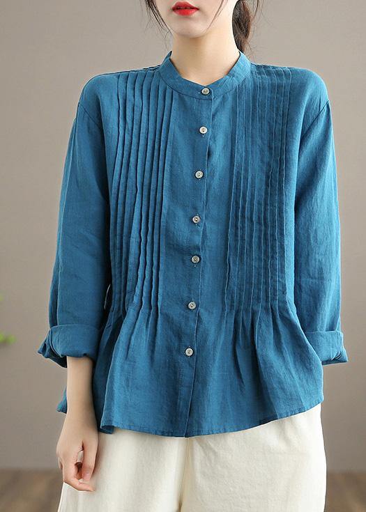 French Blue Blouse Stand Collar Cinched Art Spring Top - bagstylebliss