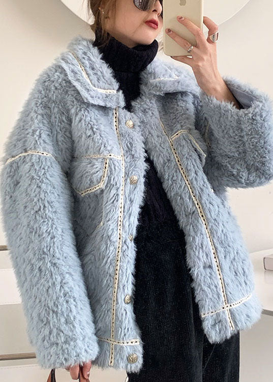 French Blue Button Faux Fur Winter Freizeitmantel