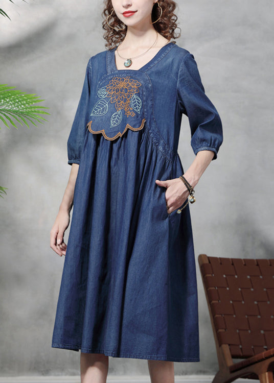 French Blue Cinched Square Collar Embroideried Cotton Denim Dresses Half Sleeve