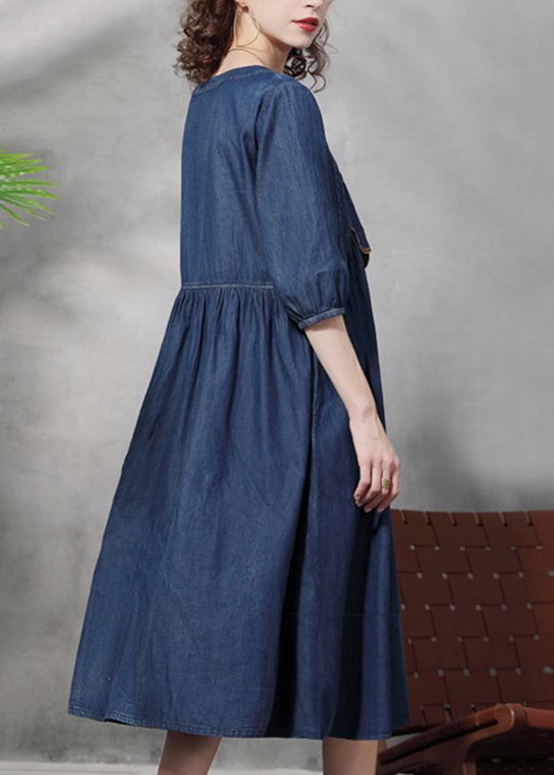 French Blue Cinched Square Collar Embroideried Cotton Denim Dresses Half Sleeve