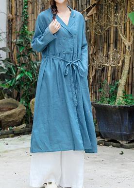 French Blue Clothes For Women Notched Tie Waist Robe Spring Dress - bagstylebliss