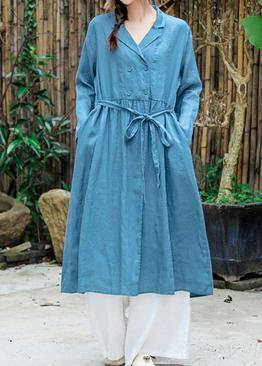 French Blue Clothes For Women Notched Tie Waist Robe Spring Dress - bagstylebliss