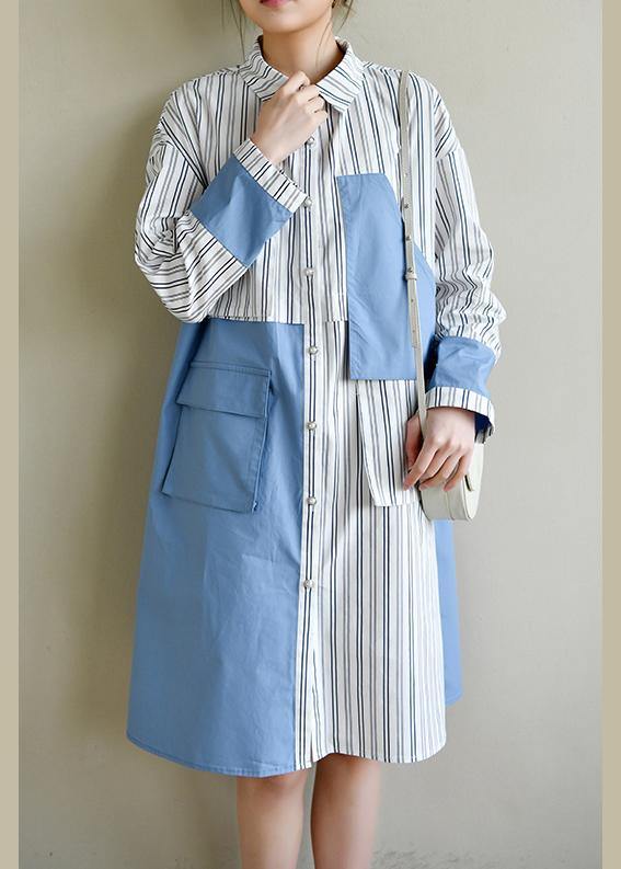 French Blue Cotton Dress Striped Patchwork Dress - bagstylebliss