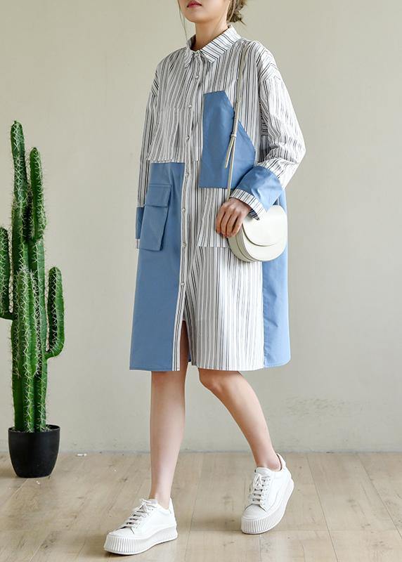 French Blue Cotton Dress Striped Patchwork Dress - bagstylebliss