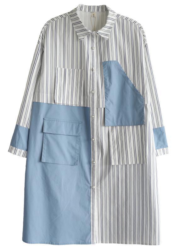 French Blue Cotton Dress Striped Patchwork Dress - bagstylebliss