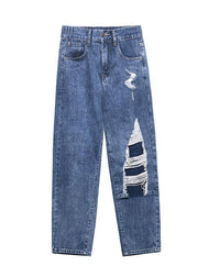 French Blue Cotton Hole Patchwork Casual Jeans Pants - bagstylebliss