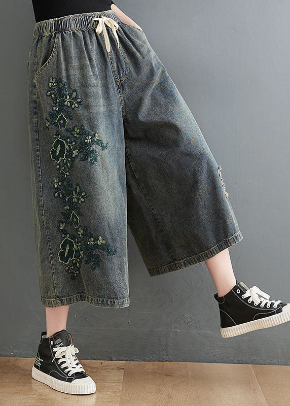 French Blue Elastic Waist Drawstring Embroideried Pockets Cotton Wide Leg Pants Summer