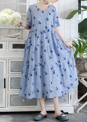 French Blue Embroidered Lace Up Pockets Linen Dress Summer