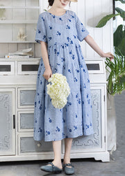 French Blue Embroidered Lace Up Pockets Linen Dress Summer