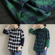 French Blue Green Plaid Tops Women Blouses Lapel False Two Pieces Shirts - bagstylebliss