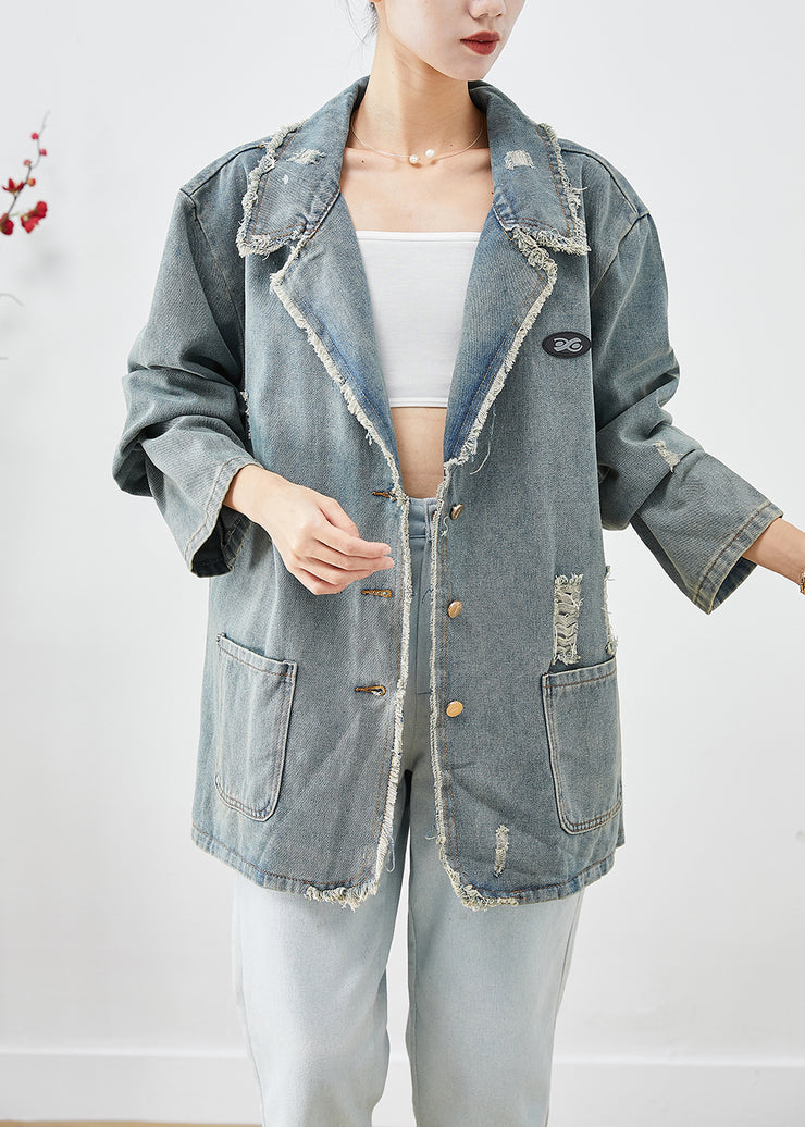 French Blue Grey Oversized Pockets Denim Ripped Coat Outwear Fall