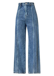 French Blue Hig Waist Patchwork Denim Pants Fall