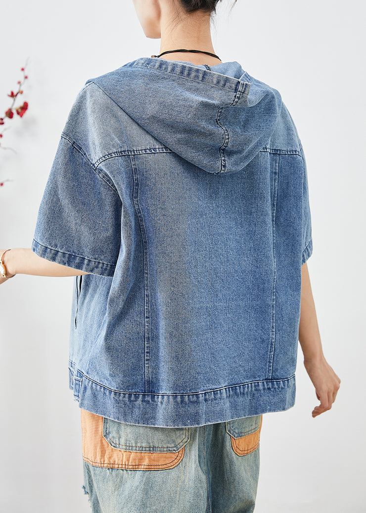 French Blue Hooded Oversized Denim Coat Short Sleeve