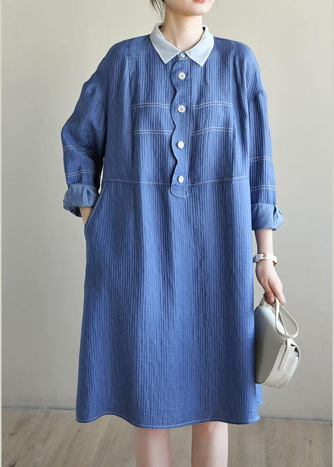 French Blue Long sleeve Patchwork Button Dress Spring - bagstylebliss