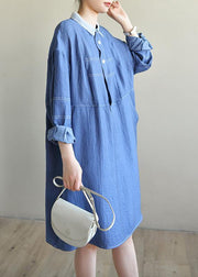 French Blue Long sleeve Patchwork Button Dress Spring - bagstylebliss